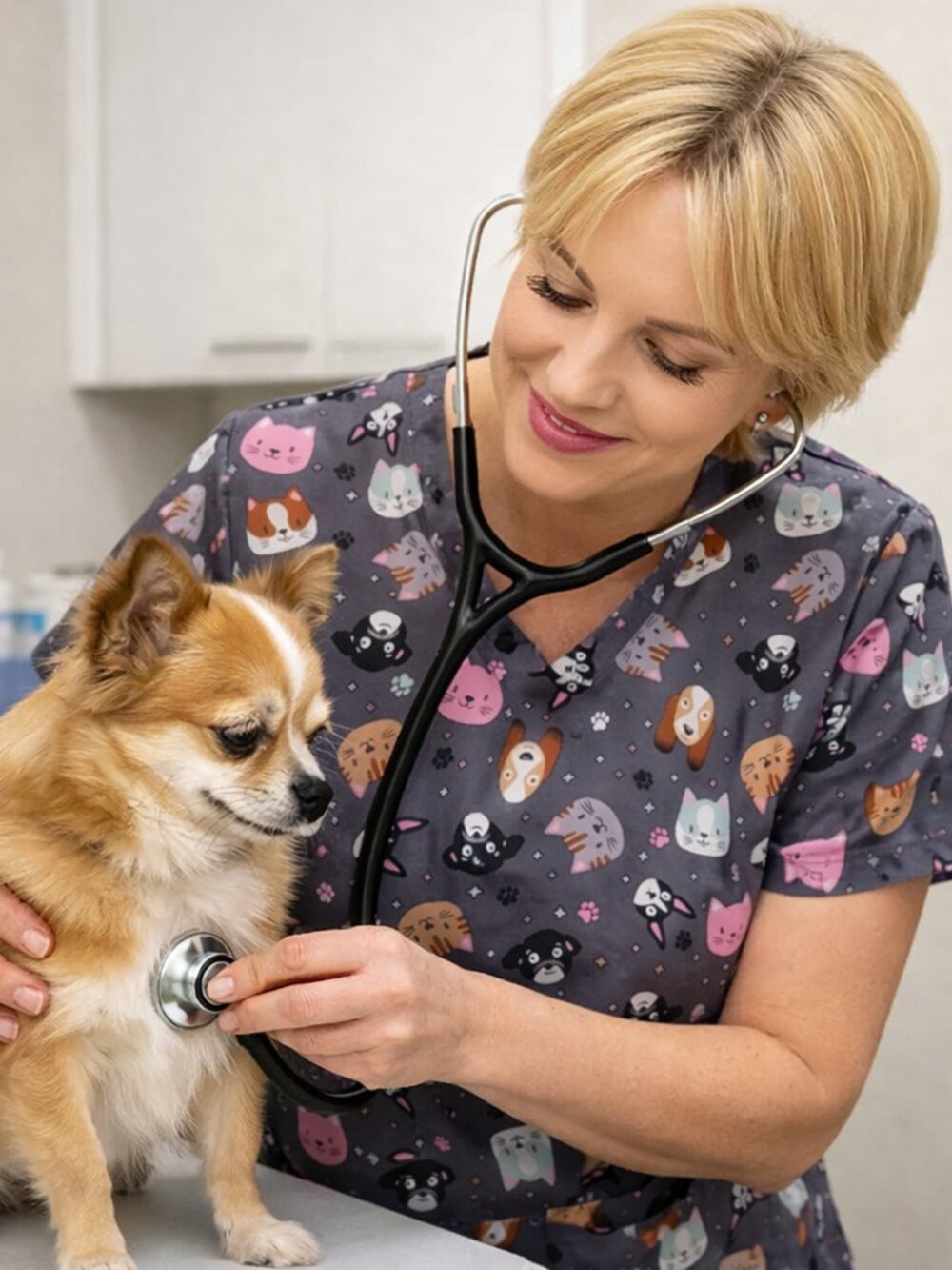 Scrub top dog & cat silly faces